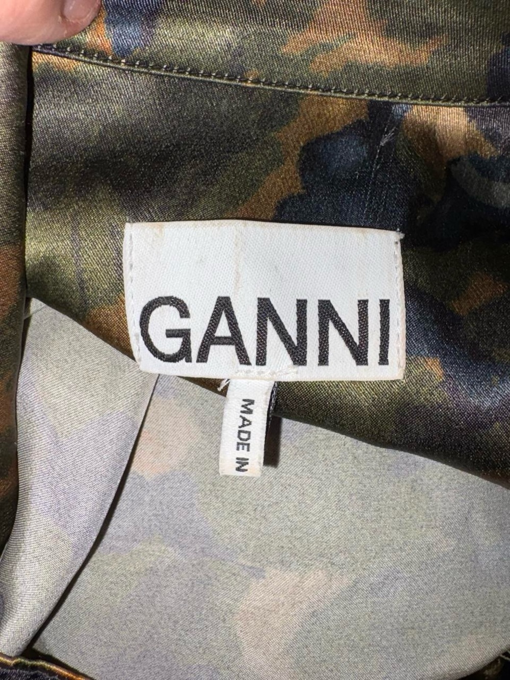 Ganni Satin Camo Wrap Midi Dress - Olive, Black, Brown - Picture 9 of 12